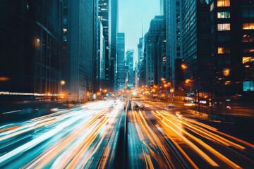 Naklejka premium Vibrant city lights and traffic flow at dusk in a bustling urban environment