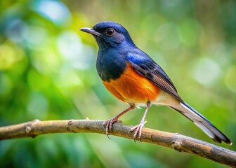Obraz premium A White-rumped Shama (Kittacincla malabanca) perches on a branch, a stunning avian portrait.