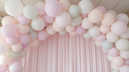 The atmosphere is beautifully decorated with soft pastel balloons arranged in an arch at a baby shower event, HD, 8K