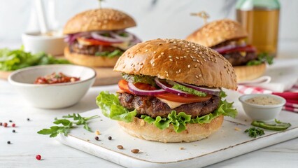 Close-up home-made beef burger on white table.