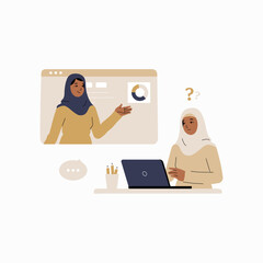 Online education platform with two female students in flat vector illustration symbolizing e learning and virtual education, isolated on white background.