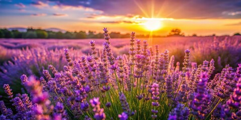 Fototapeta premium Bathed in sunlight, lavender fields stretch to the horizonâ€”a breathtaking banner image.