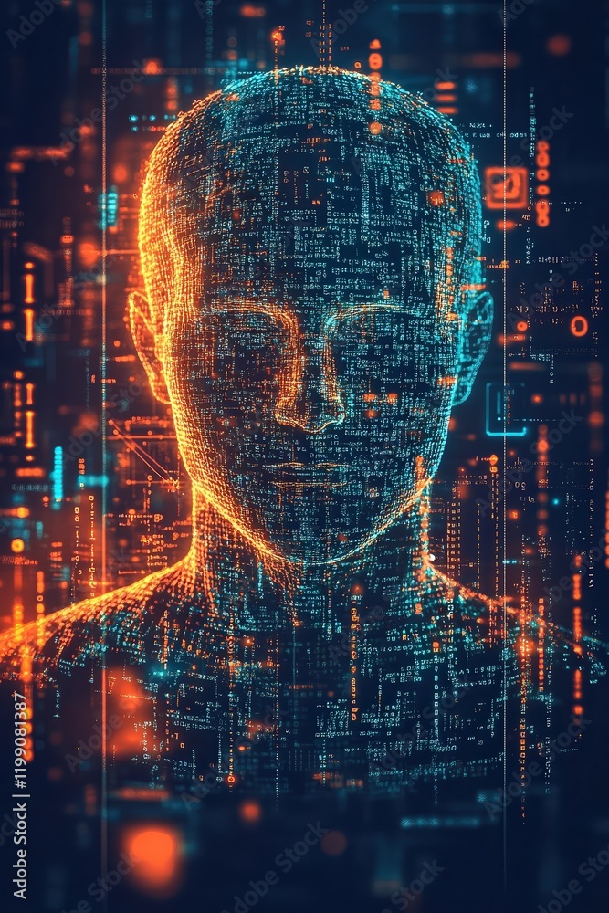 Wall mural digital identity profile illustration featuring a human silhouette made of binary code, surrounded b