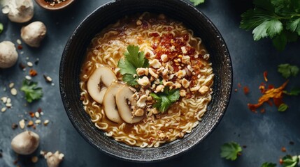 Top view of ramen on a bowl with spices