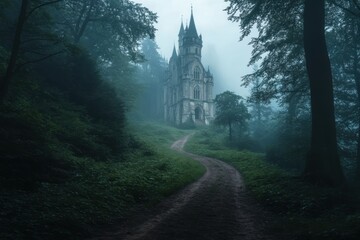 Fototapeta premium Misty path leading to an enchanting castle hidden in the forest