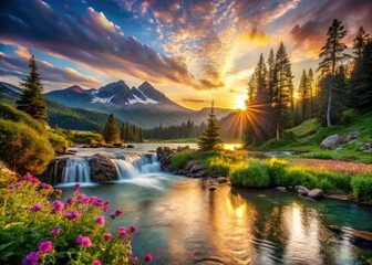 Fototapeta premium Breathtaking landscape photography: sunrise/sunset over vertical forest, mountains, river, lake, beach, ocean.