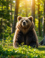 Obraz premium A large brown bear sitting in a forest clearing , surrounded by lush green vegetation