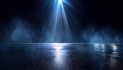 Fototapeta premium mystical blue spotlight illuminating foggy reflections on wet surface in dark atmospheric setting, ideal for dramatic designs