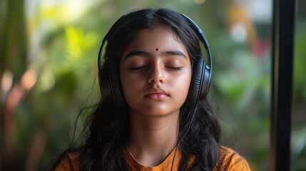 Indian girl with closed eyes listening to music through modern headphones