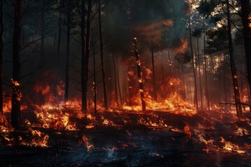 Intense flames engulfing trees in a forest fire, creating a scene of destruction and highlighting the devastating impact of wildfires on nature