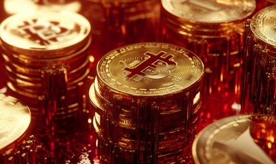Fototapeta premium Golden bitcoins stacked with red liquid and graphs, symbolizing value