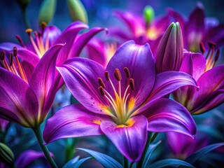 Fototapeta premium Celebrate with stunning purple lily macro photography. Perfect low-light wallpaper for home décor.