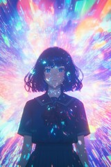 Fototapeta premium A girl with short purple hair and blue eyes, wearing a school uniform, stands in the center of a background with colorful rays and a glitch.