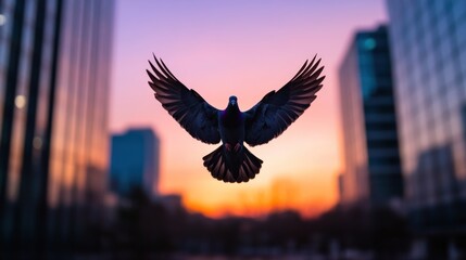 Obraz premium Urban Flight: A Pigeon in Sunset Cityscape