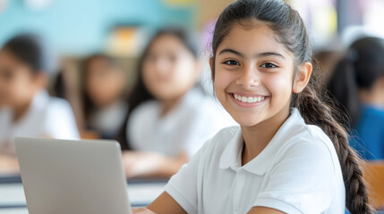 Hispanic teenage girl studying in classroom using computer laptop