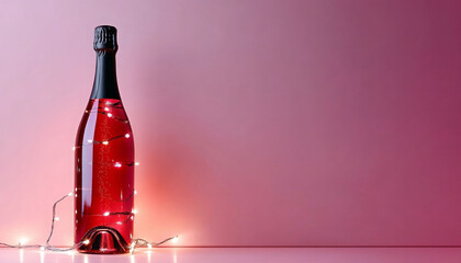  bottle of red wine is wrapped in glowing red fairy lights on a festive table with a blurred red background. The image reflects a cozy celebration, warmth, and holiday joy.