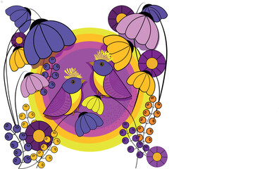 Birds. Vector illustration, fabulous birds in yellow-orange, pink, and purple colors, flowers, and berries in the background, a bright yellow-pink sun