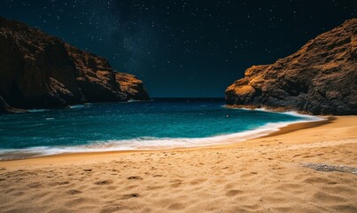 Obraz premium Golden sand beach with midnight blue water and stars, beach at night, ocean waves