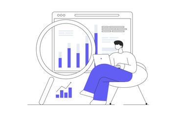 Strategic planning concept. Man analyzes business processes, creates new solutions and success develops startup. Flat Cartoon Vector Illustration, icon. Stylish abstract Modern