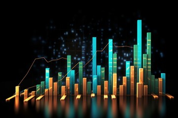Orange and teal bars chart and line graph are growing, showing increasing business success on a digital background with glowing particles