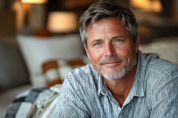 Obraz premium A smiling middle-aged man with a stylish haircut, sitting comfortably in a cozy indoor setting.