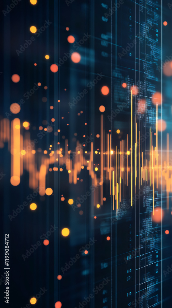Poster Financial chart flowing over digital code lines, glowing bokeh lights representing dynamic stock market data visualization
