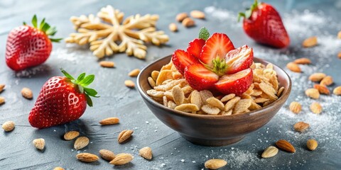 Fototapeta premium Crispy almond and strawberry dessert, a delightful Taiwanese treat. Sweet and crunchy, perfect for a snack.