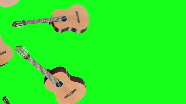 Acoustic guitar sprinkled on a green screen background 3d rendering.