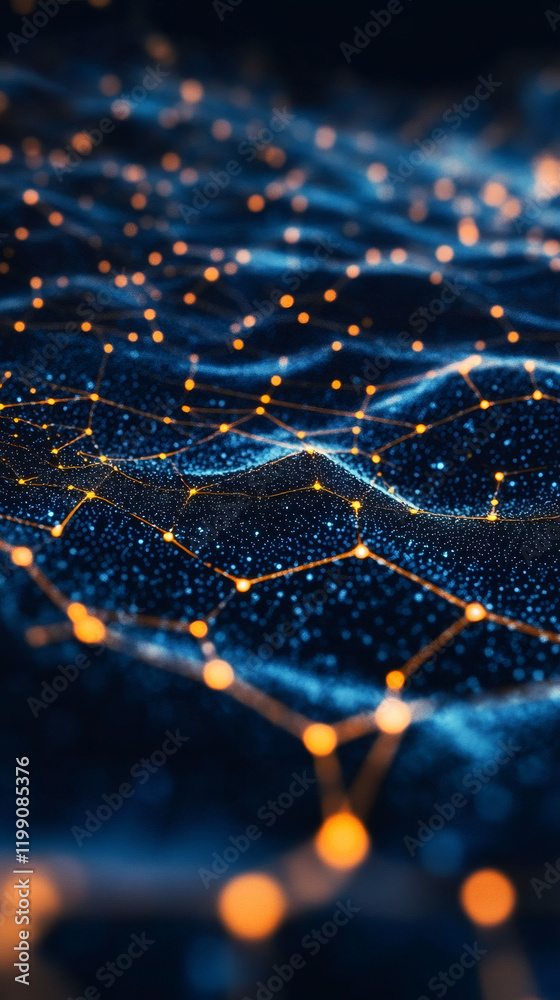 Poster Abstract plexus network connecting glowing dots and forming a digital landscape with shallow depth of field