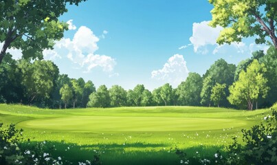 Obraz premium green grass and woods on a golf field, gold course panorama view background banner
