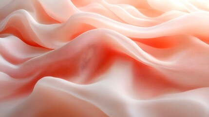 Fototapeta premium Peach silk fabric drapes softly, studio shot, sunlit background, ideal for fashion design