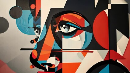 Modern abstract mural showcasing vibrant colors and stylized facial features in an urban setting. Generative AI - Powered by Adobe