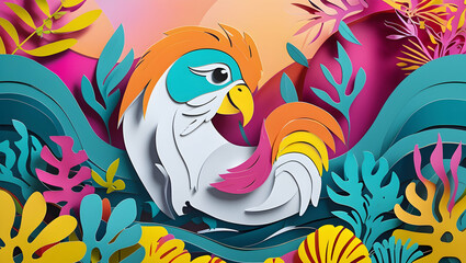 Colorful paper cut parrot amidst tropical foliage