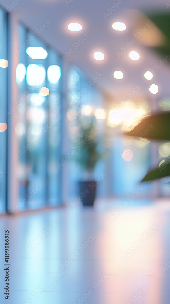 Fototapete blurred image of a luminous office space with potted plants and large windows, creating a bright and
