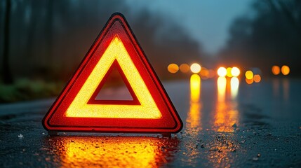 Emergency Warning Triangle on a Wet Road at Night
