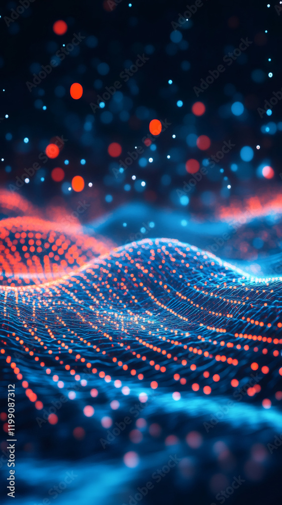 Poster captivating abstract wave of glowing particles flowing through cyberspace, embodying futuristic tech