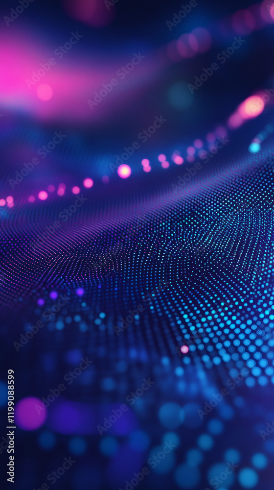 Poster Futuristic flowing wave lines made of digital particles with blue and purple gradient colors over dark background
