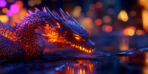 Fiery dragon in a city at night.
