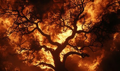Hellish flames engulfing a dark and twisted tree, dark twisted tree hellfire, tree engulfed by hellish flames, tree burning in flames, dark twisted tree hellfire, twisted tree on fire