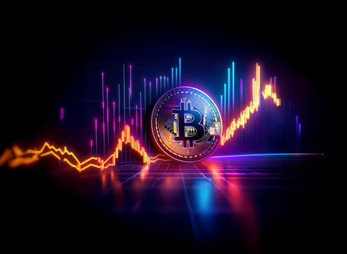 A glowing bitcoin rests on a reflective surface,  illuminated by vibrant, dynamic graphs illustrating cryptocurrency price fluctuations.  The scene evokes feelings of volatility and potential in the d