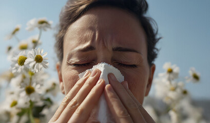 Woman In Middle Age Has An Allergy, She Holds White Tissue Napkin To Sneeze, Blooming Flowers And Pollen Allergic Season, Blowing Runny Nose