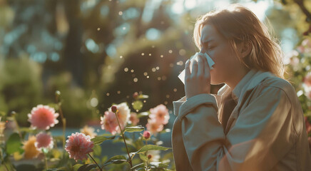 Pollen Sensitive Woman Sneeze Into Tissue Paper, Spring Allergy Concept, Pollen Awareness Or Spring Illness And Flu Concept, Sick Young Female Banner