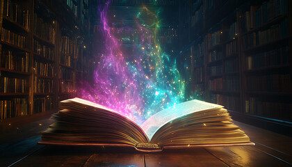 An open book emits vibrant, colorful magical energy in a dark library, symbolizing imagination and knowledge.