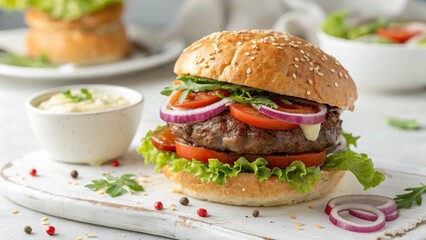 Close-up home-made beef burger on white table.