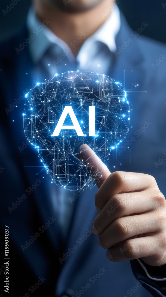 Fototapete businessman touching digital brain representing artificial intelligence, machine learning and neural