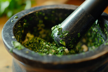 Preparing fresh herbs in a mortar and pestle for flavorful cooking