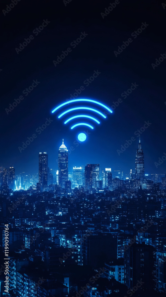Poster glowing wifi icon floating above nighttime cityscape, symbolizing digital connectivity and urban net