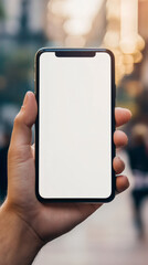 Close-up of hand holding smartphone with blank white screen in a city street, perfect for mockups and advertising