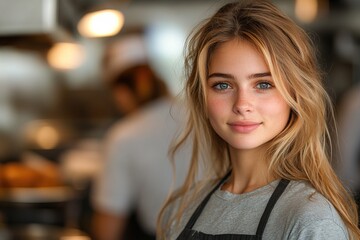 A young woman with long hair smiles in a bustling kitchen setting, showcasing a friendly atmosphere.
