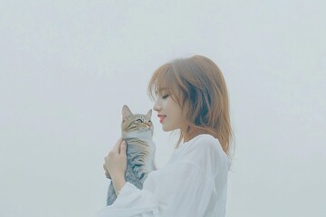 A woman gently holds a cat, sharing a tender moment in a serene, soft-lit environment.